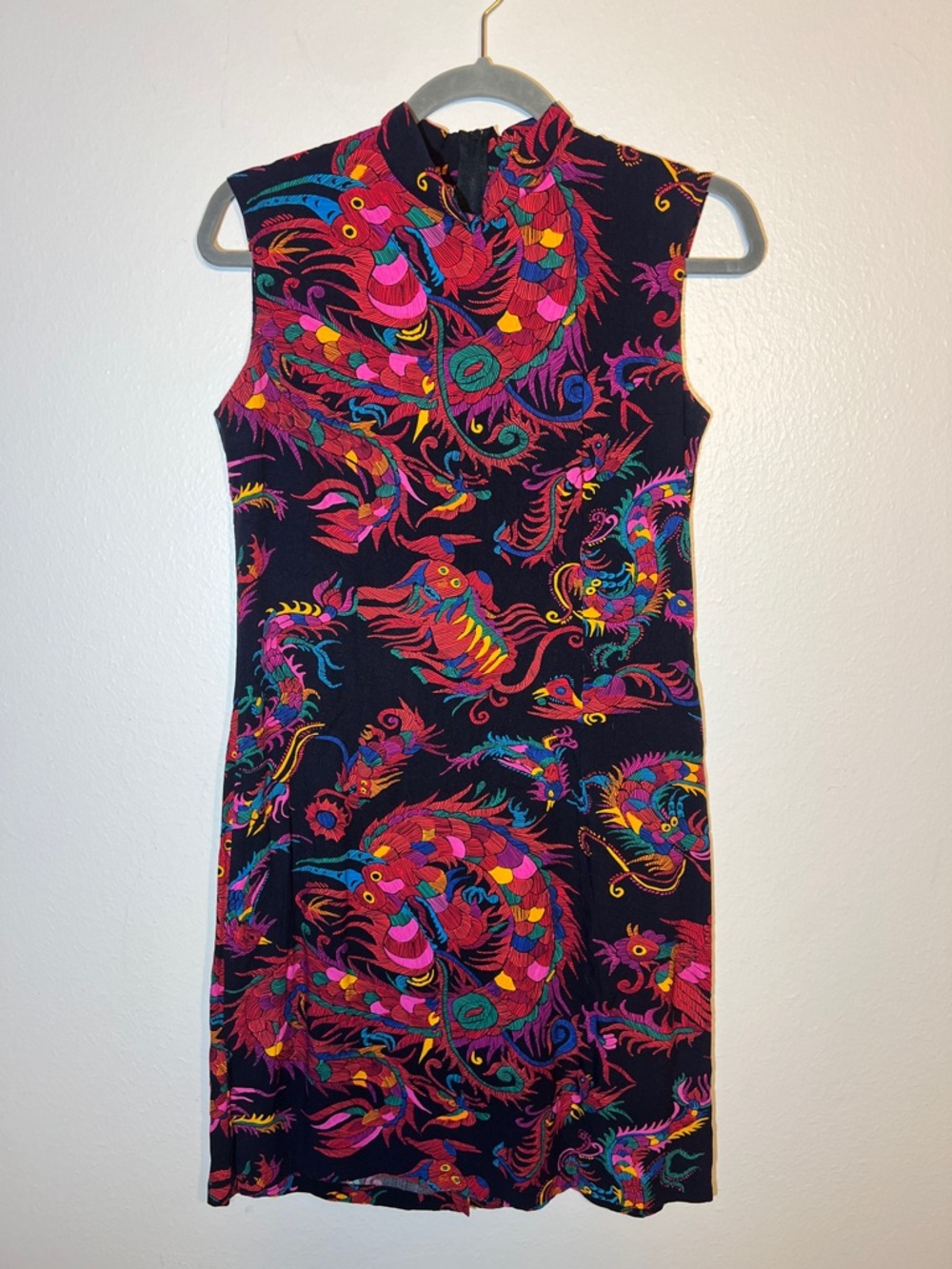 Jams World Black Lightweight Mini Dress Vibrant Colorful Dragon Print Mandarin S